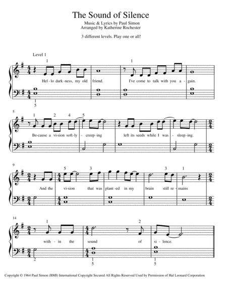 Free Sheet Music The Sound Of Silence 3 Easy Levels In 1