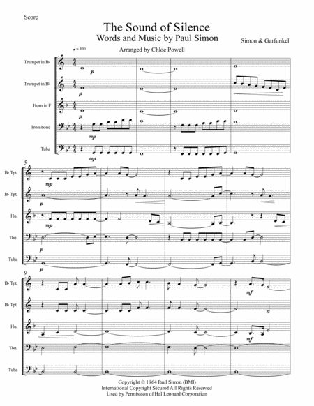 The Sound Of Silence Brass Quintet Score Sheet Music