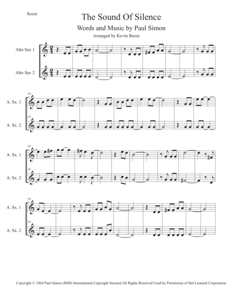 The Sound Of Silence Easy Key Of C Alto Sax Duet Sheet Music