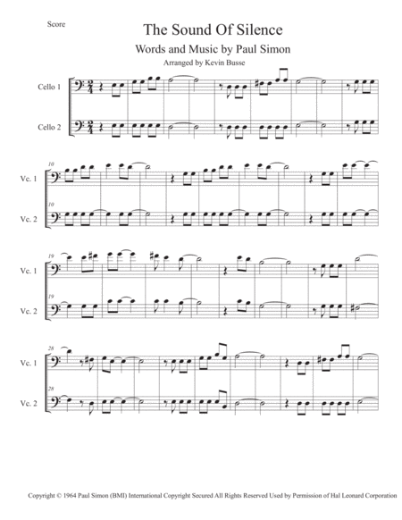 The Sound Of Silence Easy Key Of C Cello Duet Sheet Music