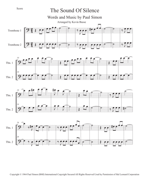 The Sound Of Silence Easy Key Of C Trombone Duet Sheet Music