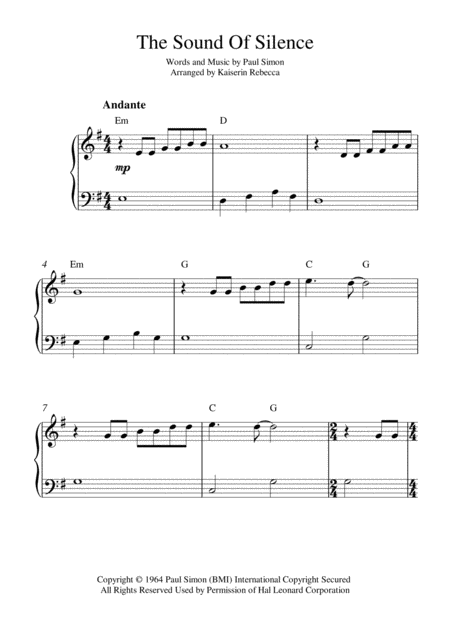 The Sound Of Silence Easy Piano Solo With Chords Sheet Music