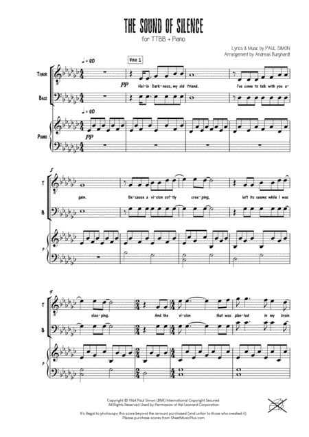 The Sound Of Silence For Choir Ttbb Piano Sheet Music