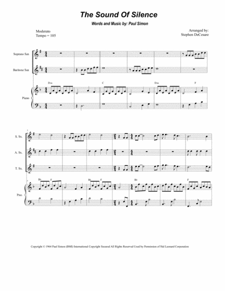 The Sound Of Silence For Saxophone Quartet And Piano Sheet Music