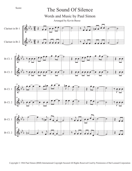 The Sound Of Silence Original Key Clarinet Duet Sheet Music