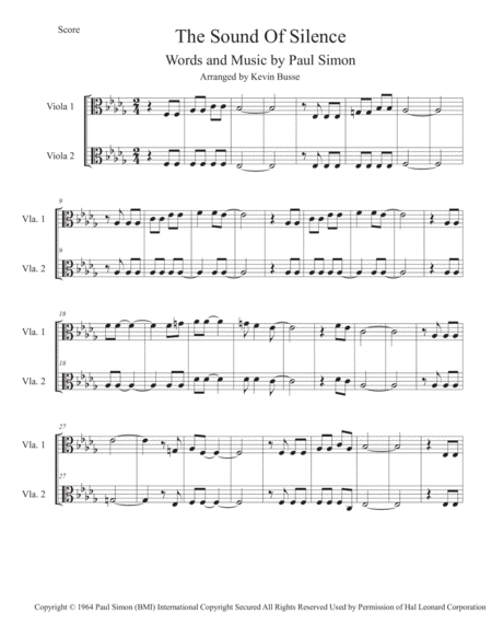 Free Sheet Music The Sound Of Silence Original Key Viola Duet