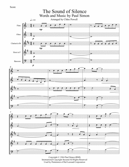 Free Sheet Music The Sound Of Silence Woodwind Quintet Score