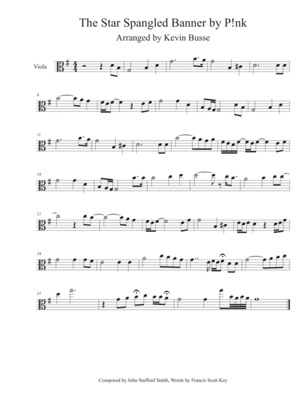 The Star Spangled Banner As Performed By P Nk Viola Sheet Music