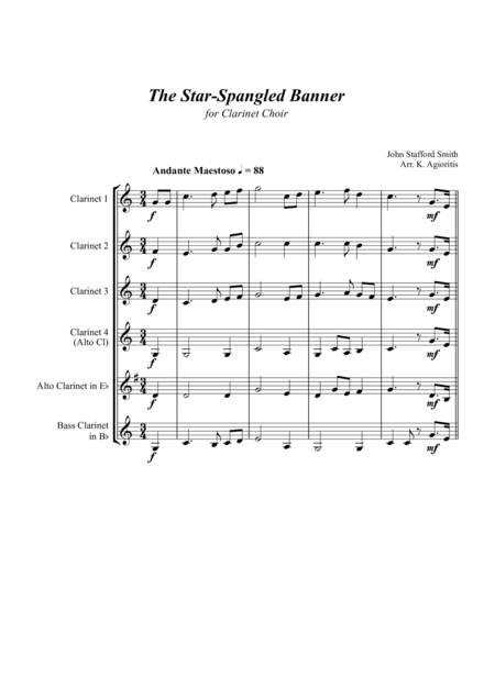 The Star Spangled Banner For Clarinet Choir Sheet Music