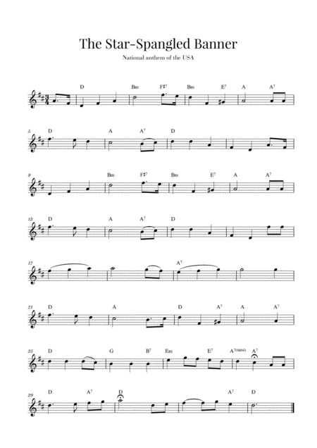 The Star Spangled Banner National Anthem Of The Usa D Major Sheet Music