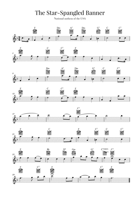Free Sheet Music The Star Spangled Banner National Anthem Of The Usa Guitar F Major