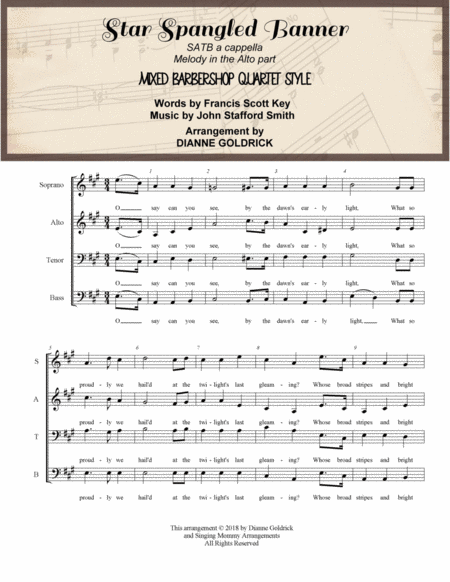 Free Sheet Music The Star Spangled Banner Satb A Cappella Mixed Barbershop Quartet Style