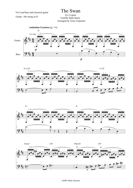 Free Sheet Music The Swan Camille Saint Saens For Lead Bass And Guitar