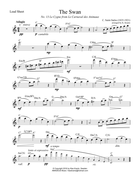 The Swan Le Cygne C Major Lead Sheet Sheet Music