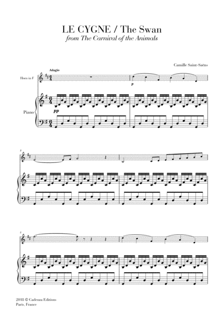 The Swan Le Cygne From The Carnival Of The Animals For Horn In F And Piano Sheet Music