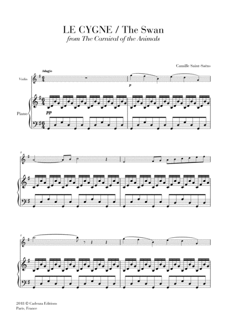 Free Sheet Music The Swan Le Cygne From The Carnival Of The Animals For Violin And Piano