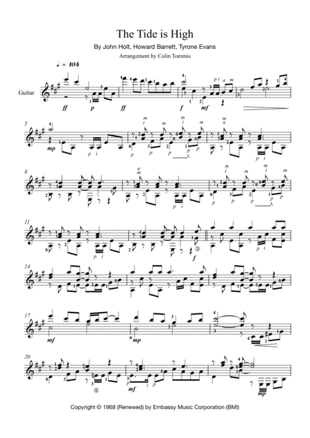 Free Sheet Music The Tide Is High