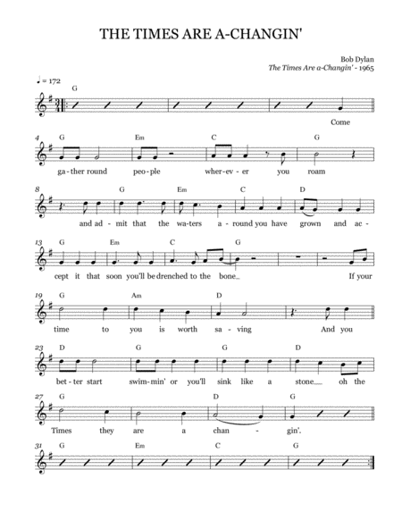 Free Sheet Music The Times They Are A Changin Leadsheet Melody Notated