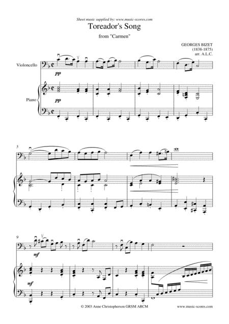 The Toreador Song From Carmen Short Version Cello And Piano Sheet Music