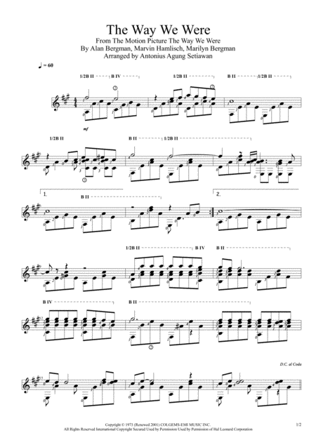 The Way We Were Solo Guitar Score Sheet Music