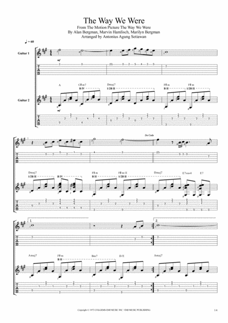 Free Sheet Music The Way We Were Theme Fingerstyle Guitar Duet