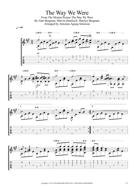 The Way We Were Theme Fingerstyle Guitar Solo Sheet Music