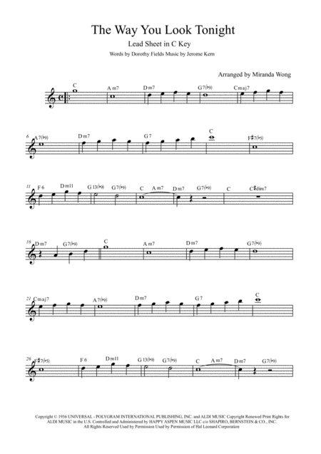 The Way You Look Tonight Alto Or Baritone Saxophone Solo Sheet Music