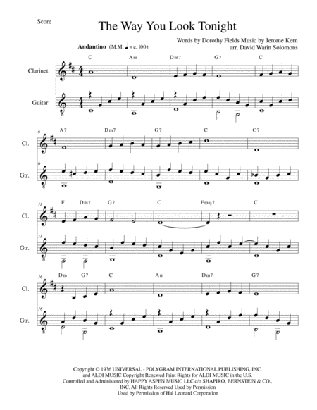 The Way You Look Tonight For Clarinet And Guitar Sheet Music