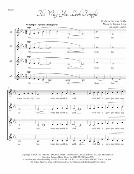Free Sheet Music The Way You Look Tonight Ssaa A Cappella Quartet