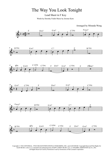 The Way You Look Tonight Tenor Or Soprano Saxophone Solo Sheet Music