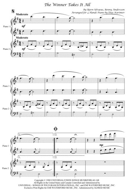 Free Sheet Music The Winner Takes It All For 4 Hands Piano Duet
