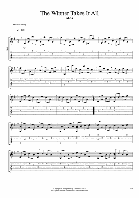 The Winner Takes It All From Mamma Mia Fingerstyle Guitar Sheet Music