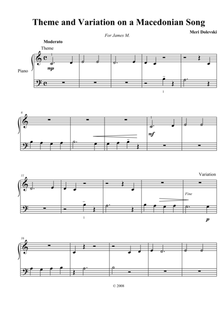 Theme And Variation On A Macedonian Song 5 Finger Piano Sheet Music