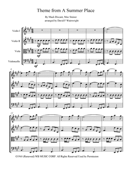 Theme From A Summer Place Arranged For String Quartet With Score Parts Mp3 Sheet Music