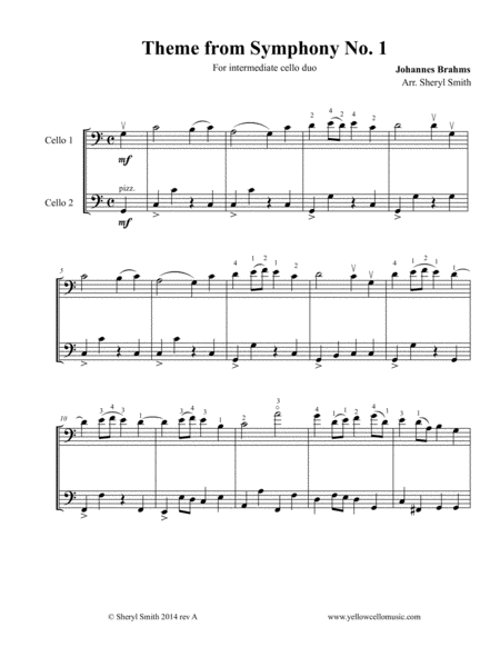 Theme From Brahms First Symphony 4th Movement For Intermediate Cello Duo Two Cellos Sheet Music