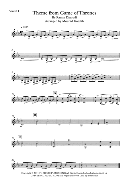 Theme From Game Of Thrones For String Quintet Intermediate Violin I Sheet Music