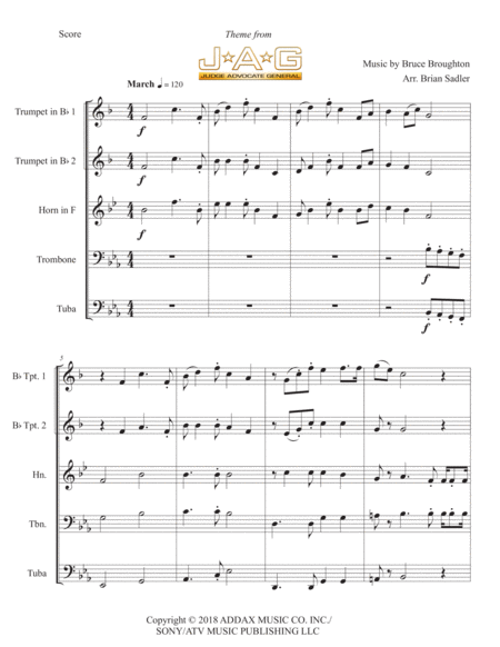 Free Sheet Music Theme From Jag For Brass Quintet