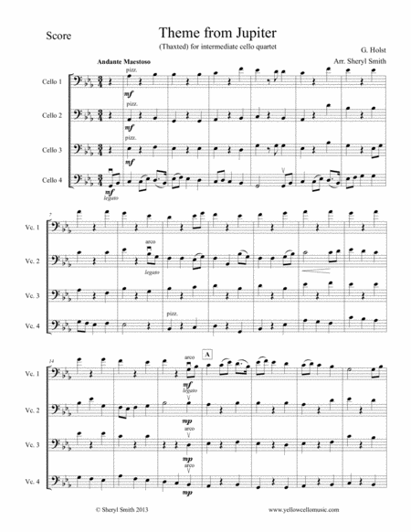 Theme From Jupiter Thaxted Arranged For Four Intermediate Cellos Cello Quartet Sheet Music