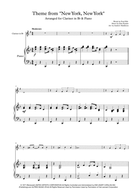 Theme From New York New York Arranged For Clarinet And Piano Sheet Music