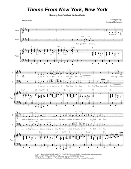 Free Sheet Music Theme From New York New York Duet For Tenor And Bass Solo
