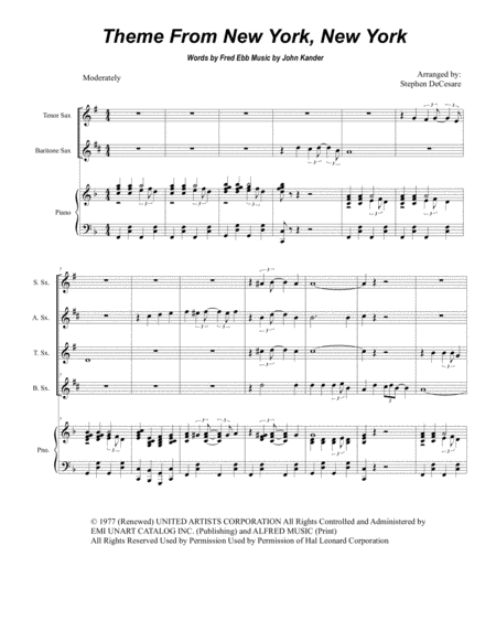 Theme From New York New York For Saxophone Quartet Sheet Music