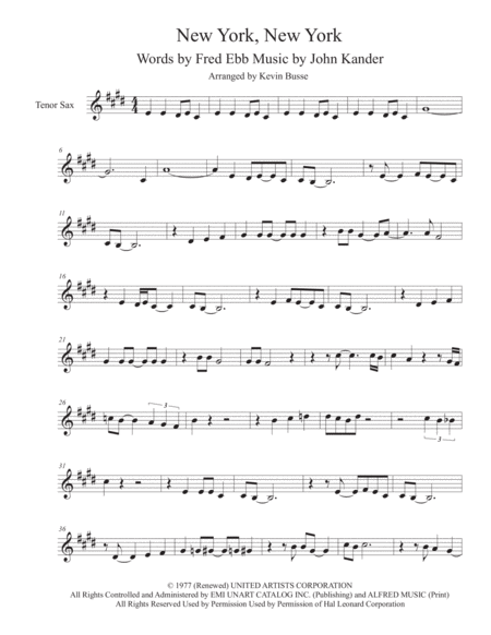 Theme From New York New York Tenor Sax Sheet Music