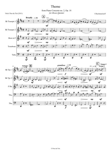 Free Sheet Music Theme From Piano Concerto No 2 Op 18s Rachmaninoff Brass Quintet