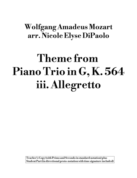 Theme From Piano Trio In G K564 Iii Proto Notation Beginner Arrangement W Teacher Duet 2p4h Or 1p4h Sheet Music