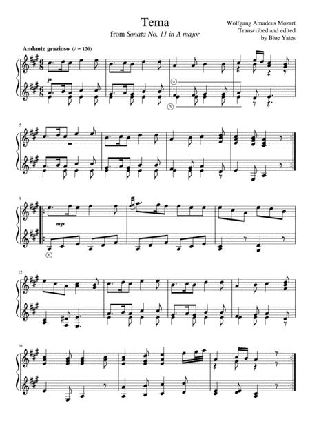 Theme From Sonata No 11 In A Wolfgang Amadeus Mozart Sheet Music