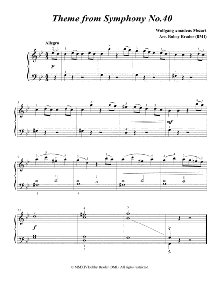 Theme From Symphony No 40 By Mozart Sheet Music