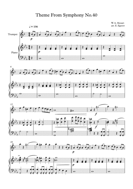 Theme From Symphony No 40 Wolfgang Amadeus Mozart For Trumpet Piano Sheet Music