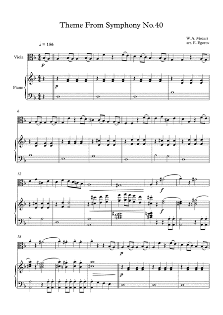 Free Sheet Music Theme From Symphony No 40 Wolfgang Amadeus Mozart For Viola Piano