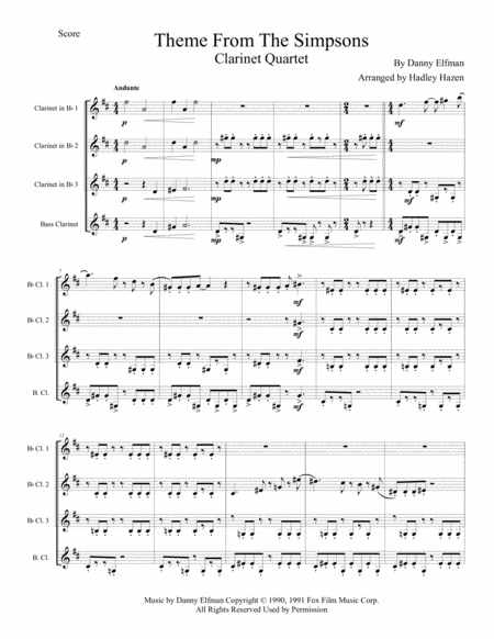 Theme From The Simpsons Clarinet Quartet Sheet Music