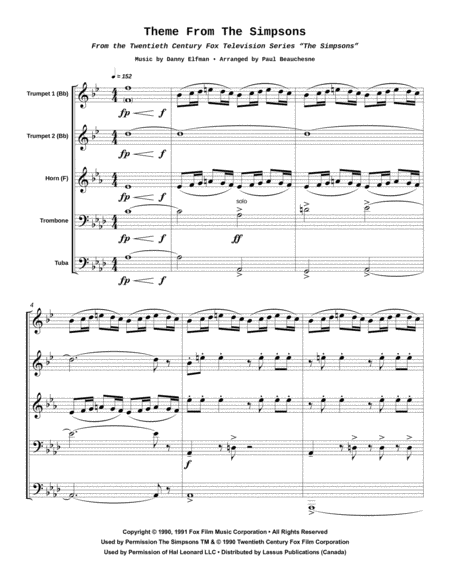 Theme From The Simpsons For Brass Quintet Sheet Music